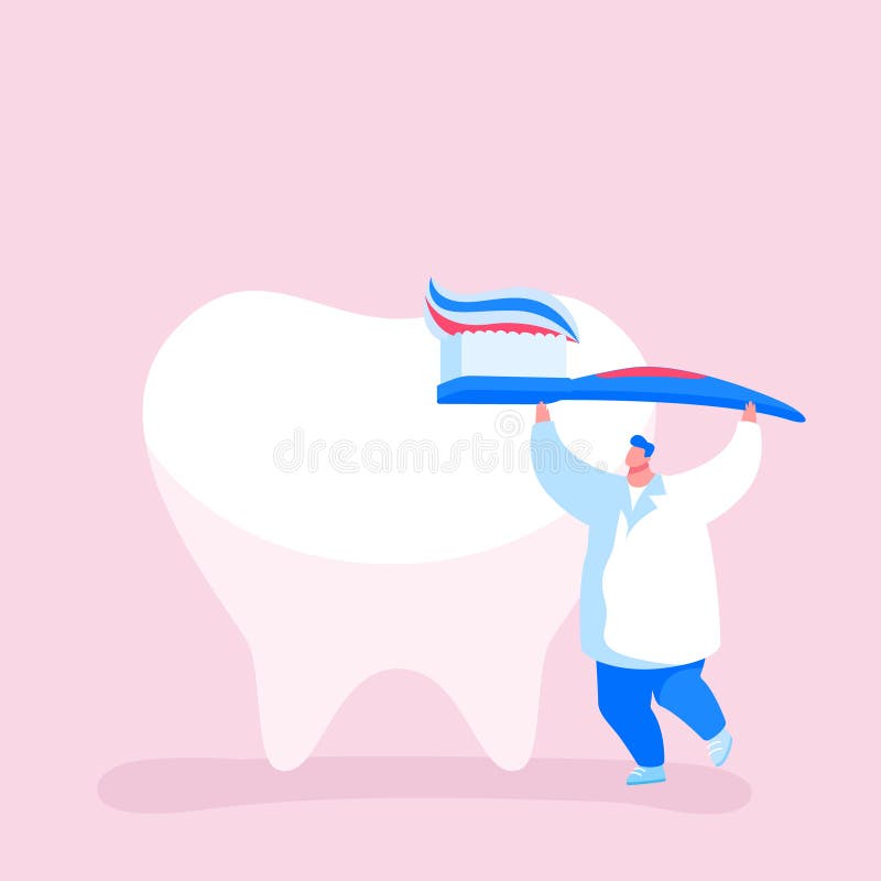 Tiny Dentist Doctor Character Care of Huge Tooth Carry Brush with Toothpaste. Caries Prevention and Treatment. Stomatology Clinic, Dentistry Occupation, Teeth vector illustration