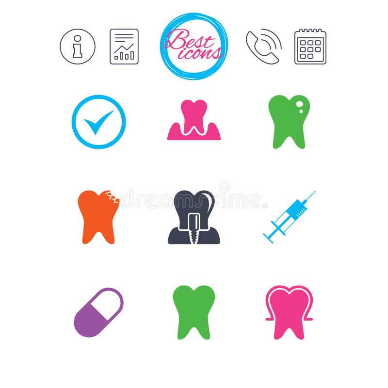Tooth, dental care icons. Stomatology signs. Information, report and calendar signs. Tooth, dental care icons. Stomatology, syringe and implant signs. Healthy stock illustration