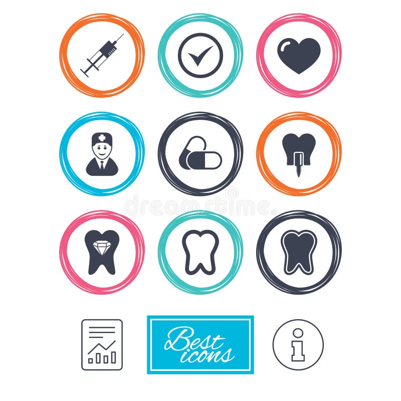 Tooth, dental care icons. Stomatology signs. Tooth, dental care icons. Stomatology, syringe and implant signs. Healthy teeth, dentist and pills symbols. Report vector illustration