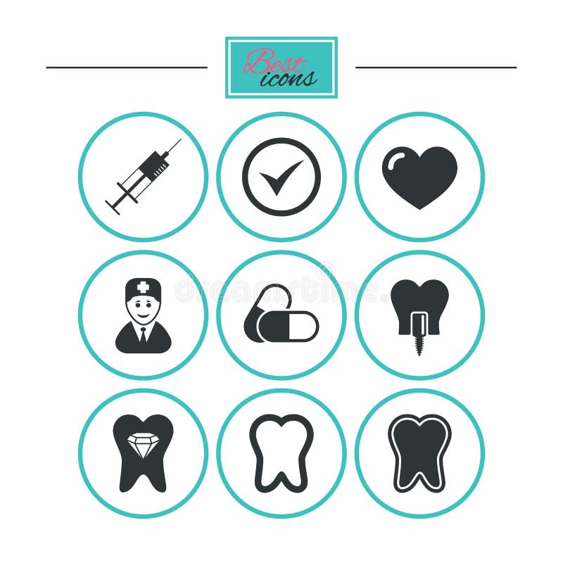 Tooth, dental care icons. Stomatology signs. Tooth, dental care icons. Stomatology, syringe and implant signs. Healthy teeth, dentist and pills symbols. Round royalty free illustration