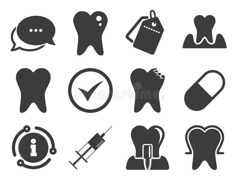 Tooth, dental care icons. Stomatology signs. Vector. Stomatology, syringe and implant signs. Discount offer tag, chat, info icon. Tooth, dental care icons stock illustration