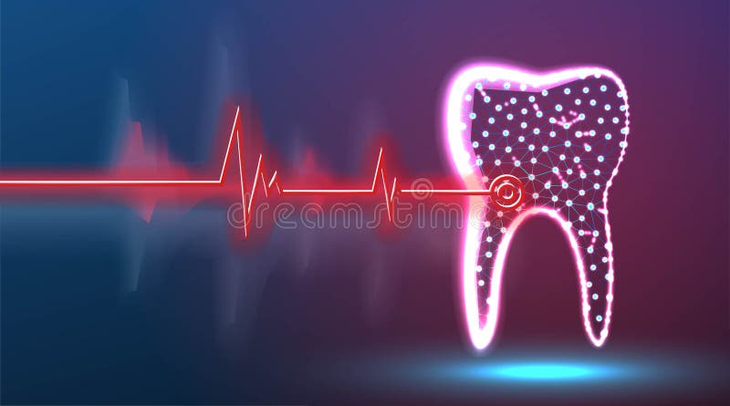 Tooth, dental Point of disease. Health and medical concept. red laser surgeon technology, Abstract low poly wireframe mesh design. Red and Blue background vector illustration