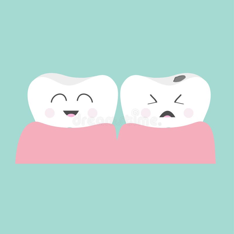 Tooth gum icon. Healthy smiling tooth. Crying bad ill tooth with caries. Cute character set. Oral dental hygiene. Children teeth. Care. Tooth health. Baby stock illustration