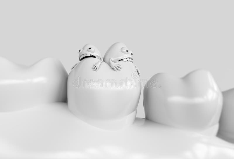 Tooth human cartoon bacteria. Caries bacteria eat the teeth - 3D rendering stock photo