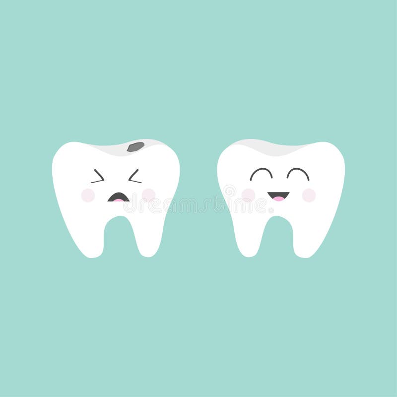 Tooth icon. Healthy smiling tooth. Crying bad ill tooth with caries. Cute character set. Oral dental hygiene. Children teeth care. Tooth health. Baby royalty free illustration