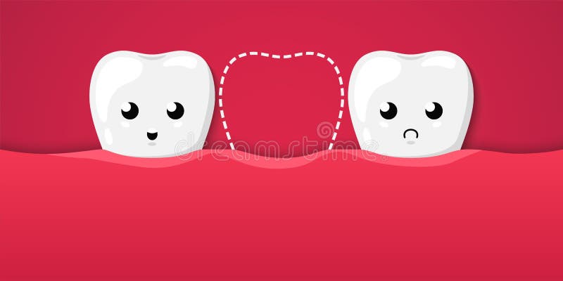 Tooth isolated on a red background. Cute cartoon character. Tooth missing, dental disease. Dental health, care. Simple cartoon. Design. Flat style vector royalty free illustration