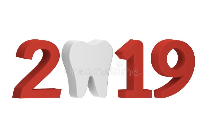 Tooth with numbers isolated on white for Merry Christmas or Happy New Year 2019. Dental care concept - teeth cartoon 3d render flat style cute character for vector illustration