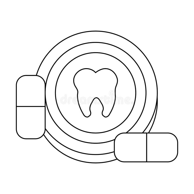 Tooth round icon with pills black and white. Tooth round icon with pills vector illustration graphic design royalty free illustration