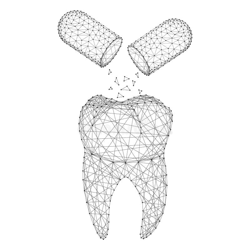 Tooth three-dimensional 3d and the concept of medical restore the enamel from pills from abstract futuristic polygonal black lines. And dots. Vector vector illustration