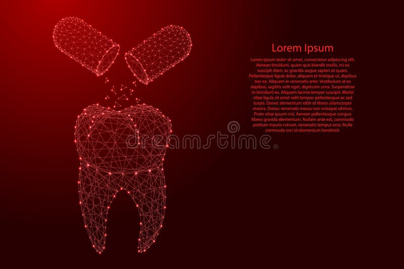 Tooth three-dimensional 3d and the concept of medical restore the enamel from pills from futuristic polygonal red lines and. Glowing stars for banner, poster stock illustration