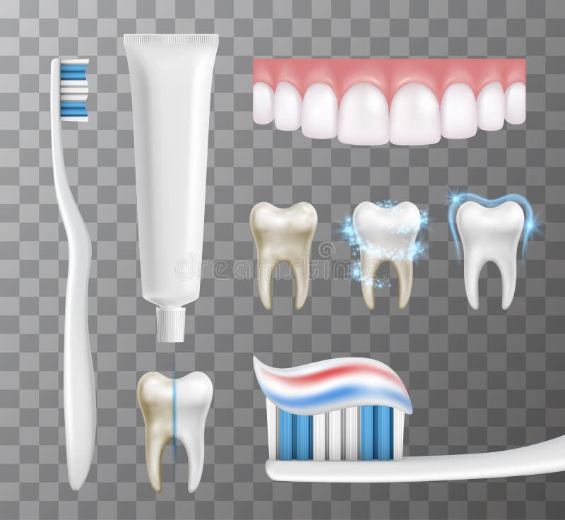 Vector collection of dentistry related objects - teeth, toothbrush, toothpaste in tube and process of whitening on transparent stock illustration