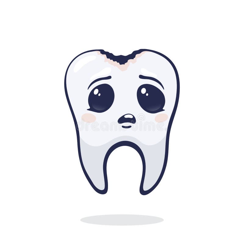 Vector illustration. Cute unhealthy human tooth with sad eyes and caries. Dental decay. Symbol of somatology and oral hygiene. Graphic design with contour stock illustration