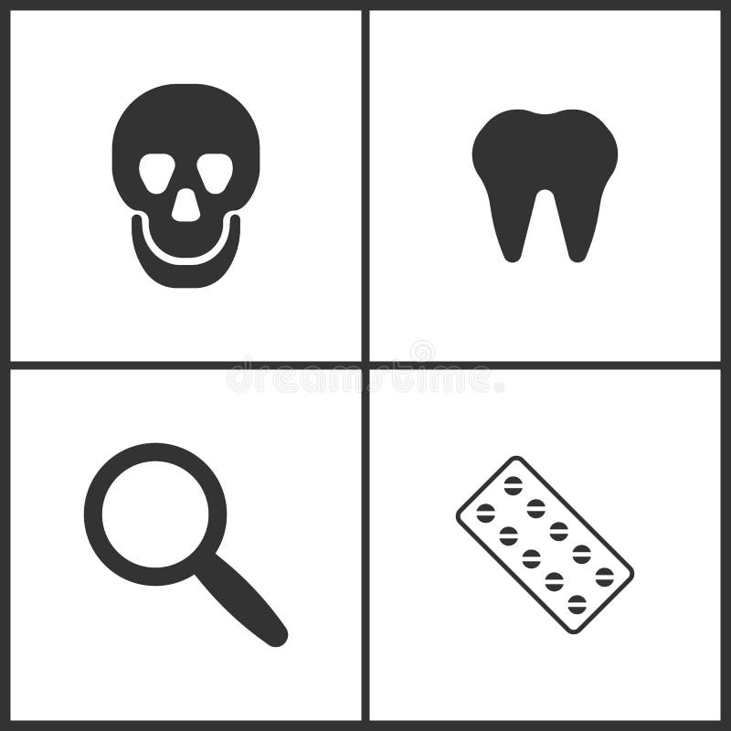 Vector Illustration Set Medical Icons. Elements of Skull, Tooth, Magnify and Pills icon. On white background vector illustration