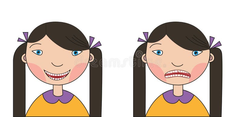 Girl with a broken tooth and caries on the one hand and a happy girl with cured teeth on the other. On a white background vector illustration