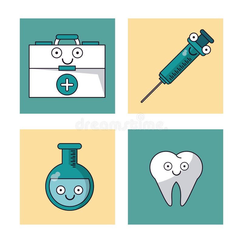 White background with set of frames with first aid kit syringe test tube and tooth stock illustration