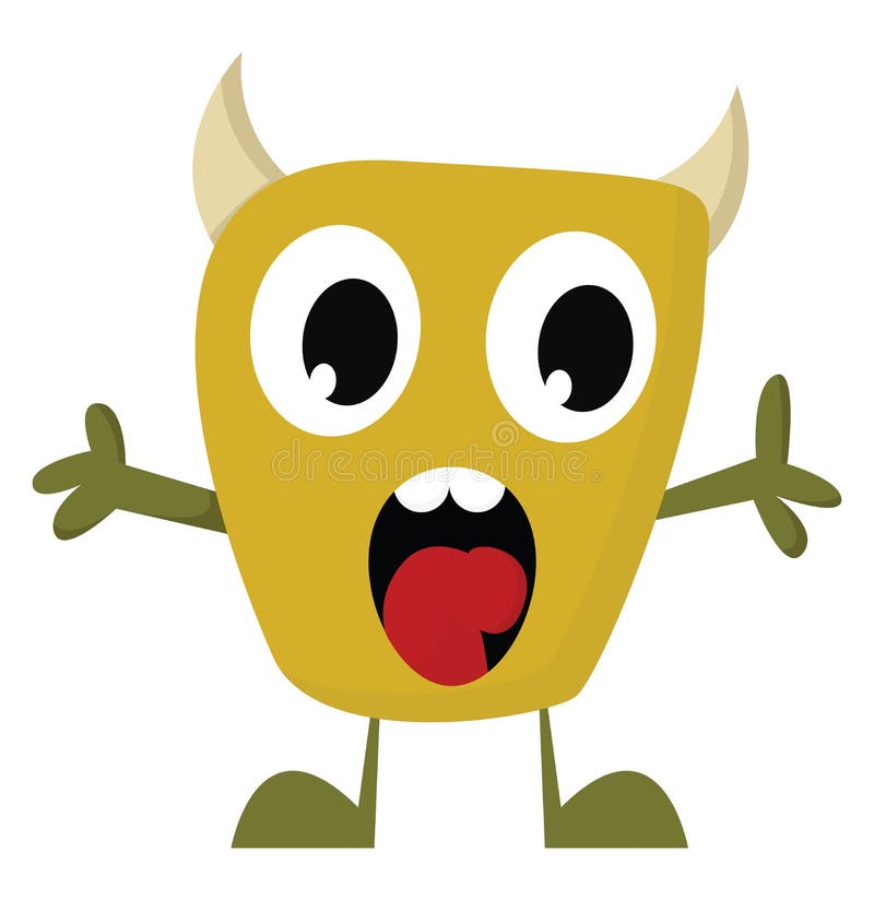 A yellow monster, screaming, vector or color illustration. A yellow monster with a rectangular-shaped body, two small horns, eyes rolled down, hands wide open stock illustration