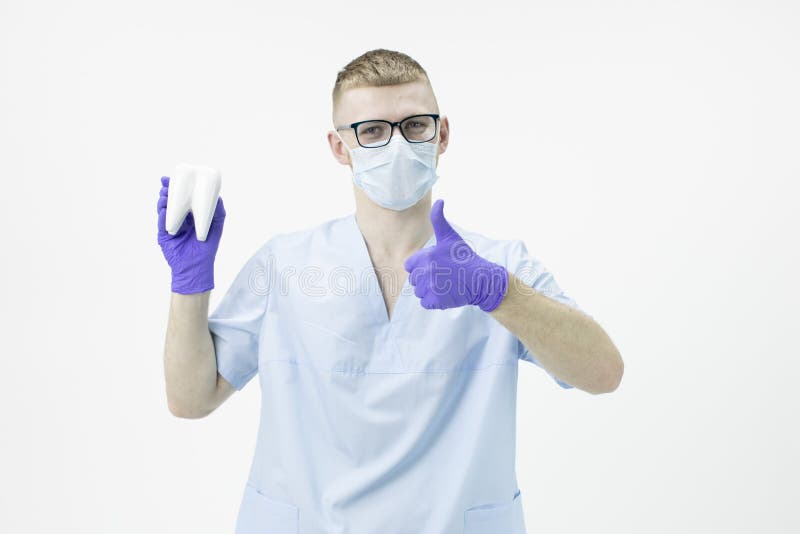 Young dentist doctor holds model of molar tooth looking at camera gesture okay. Young handsome intern doctor dentist wearing glasses and protective mask holds a royalty free stock photo