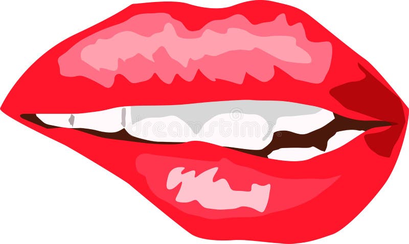 Lips bright scarlet with teeth beautiful smile sexy bite. Vector drawing royalty free illustration